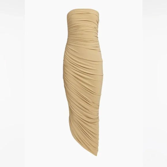 Norma Kamali Tan Asymmetrical Ruched Midi Dress - Picture 6 of 8